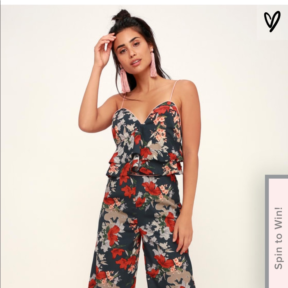 NWT Camino Teal Blue Floral Print Ruffled Crop Top